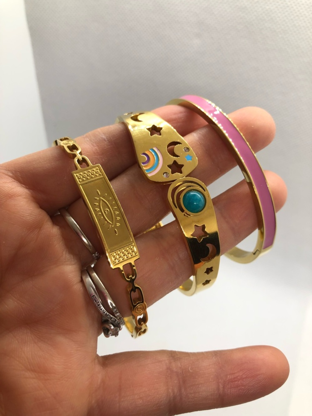 Gold Tone Pink Enamel and Turquoise Accent Women's Bracelet Set